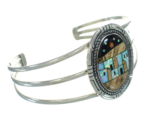 Native American Pueblo Design Sterling Silver Multicolor Inlay Bracelet RX69136